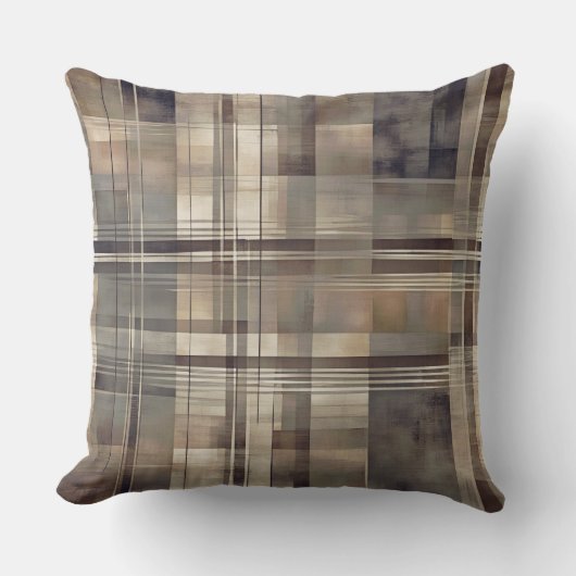 Neutral Gray Beige Farmhouse Plaid クッション (正面)
