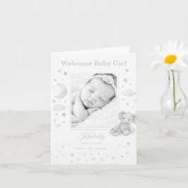 Neutral Gray Elephant Baby Girl Birth Announcement カード