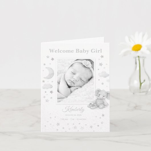 Neutral Gray Elephant Baby Girl Birth Announcement カード (小さな植物)
