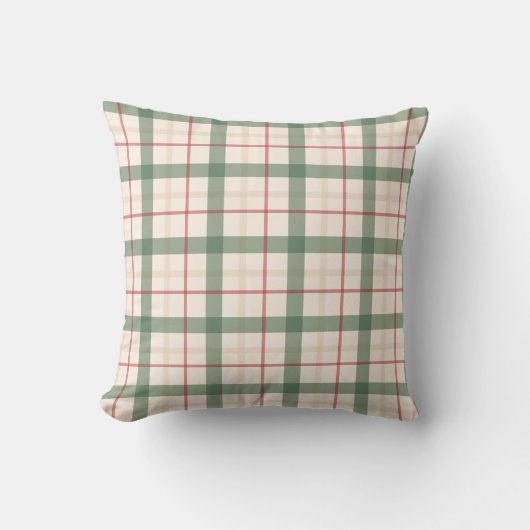 Neutral Green Plaid Farmhouse Throw Pillow クッション (正面)