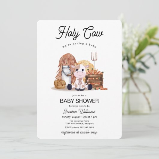 Neutral Holy Cow Farm Animals Baby Shower 招待状 (スタンド正面)