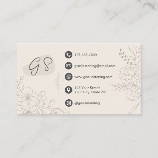 Neutral Ivory Floral Line Art Elegant Script 名刺 (裏面)