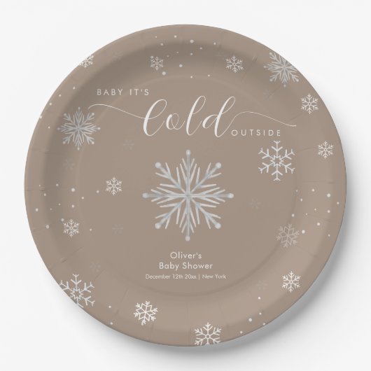 Neutral Magical Winter Snowflake Baby Shower ペーパープレート (正面)