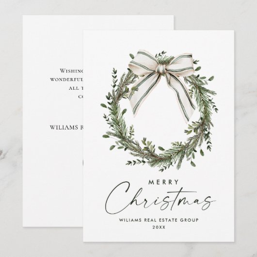 Neutral Minimalist Boho Christmas Wreath Corporate シーズンカード (正面/裏面)