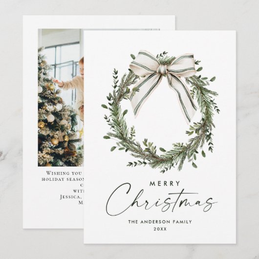 Neutral Minimalist Boho Christmas Wreath Photo シーズンカード (正面/裏面)