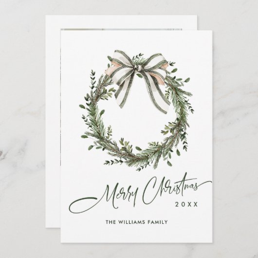 Neutral Minimalist Boho Christmas Wreath Photo シーズンカード (正面/裏面)