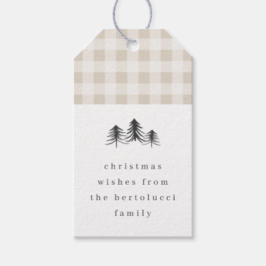 Neutral Minimalist Plaid Pine Tree Christmas ギフトタグ (正面)