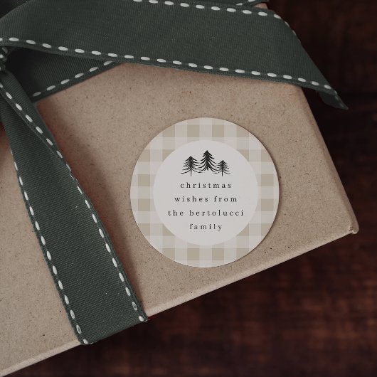 Neutral Minimalist Plaid Pine Tree Christmas ラウンドシール