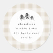Neutral Minimalist Plaid Pine Tree Christmas ラウンドシール (正面)