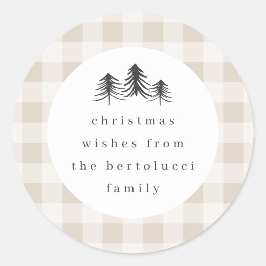 Neutral Minimalist Plaid Pine Tree Christmas ラウンドシール (正面)