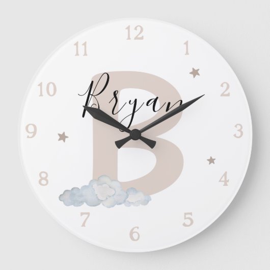 Neutral Monogram Baby Name Wall Clock ラージ壁時計 (正面)