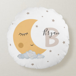 Neutral Moon Nursery Pillow with Custom Name Beige ラウンドクッション