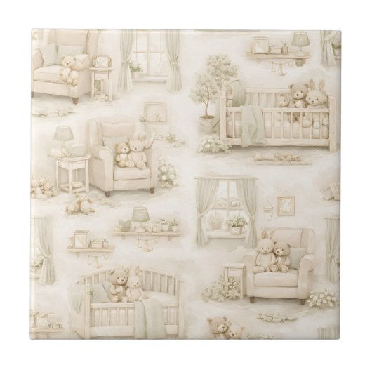 Neutral Nursery Teddy Bear Room Beige Pattern タイル (正面)