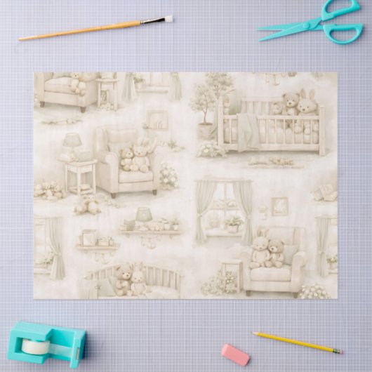 Neutral Nursery Teddy Bear Room Beige Pattern 薄葉紙 (クラフト)