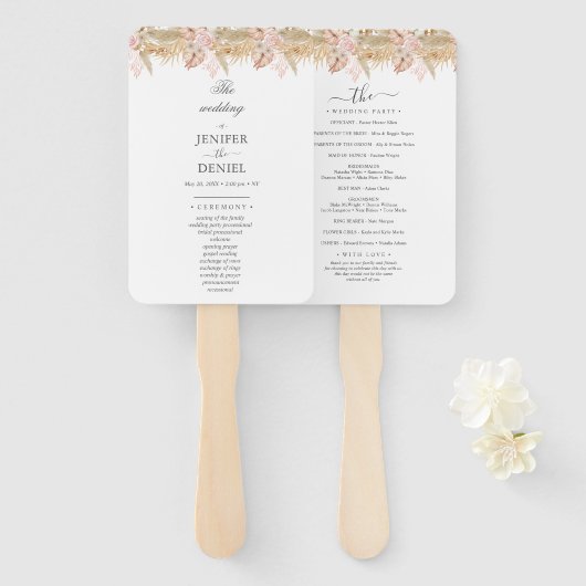 Neutral Palm and Pampas Flower Decor Wedding ハンドファン (正面&裏面)