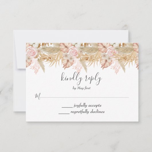 Neutral Palm and Pampas Flower Decor Wedding 出欠カード (正面)