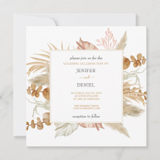 Neutral Palm and Pampas Flower Decor Wedding 招待状