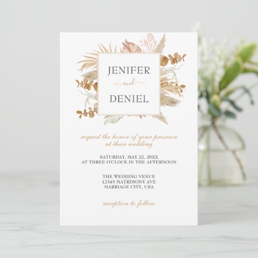 Neutral Palm and Pampas Flower Decor Wedding 招待状 (スタンド正面)