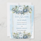 Neutral Pastel Blue White Gold Flowers Save Date 招待状 (正面)
