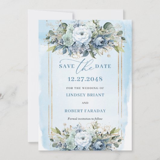 Neutral Pastel Blue White Gold Flowers Save Date 招待状 (正面)