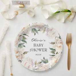 Neutral Peony Wreath Garden Baby Shower ペーパープレート
