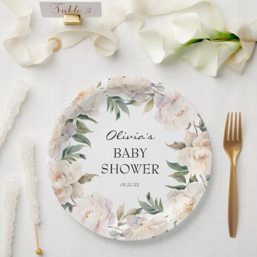 Neutral Peony Wreath Garden Baby Shower ペーパープレート (ウェディング)