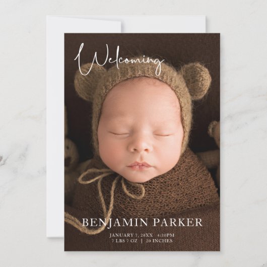 Neutral Photo Birth Announcement with Script 案内状 (正面)