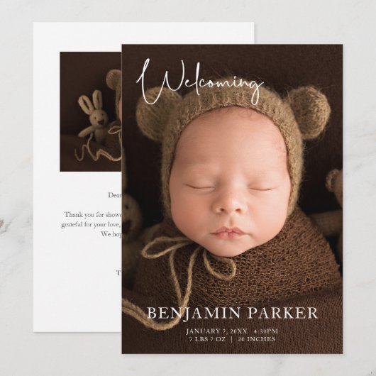 Neutral Photo Birth Announcement with Script 案内状 (正面/裏面)