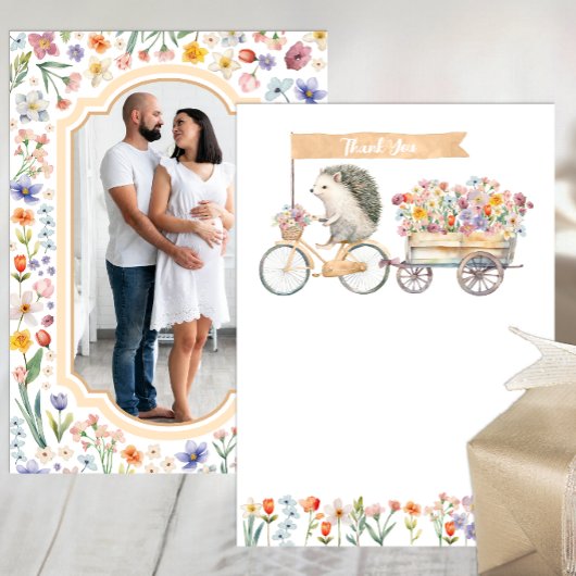 Neutral Photo Thank You - Hedgehog Baby Shour サンキューカード