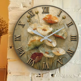 Neutral Poppy Elegant Vintage Botanical Decor ラージ壁時計