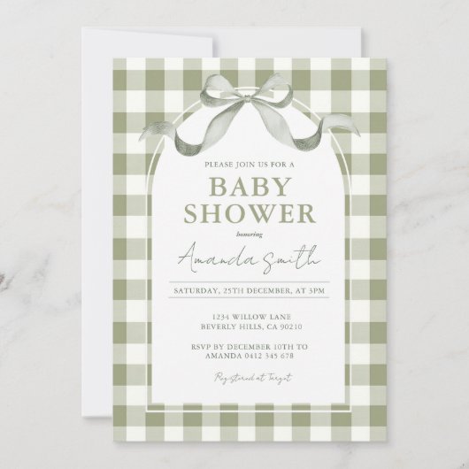 Neutral Preppy Sage Bow Baby Shower 招待状 (正面)
