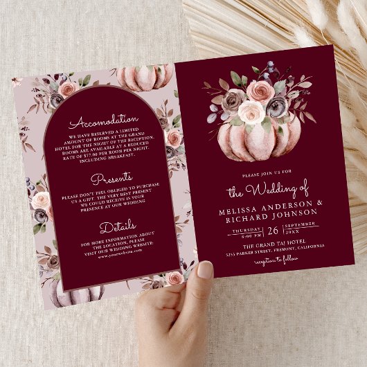 Neutral Pumpkin Floral QR Code Burgundy Wedding 招待状