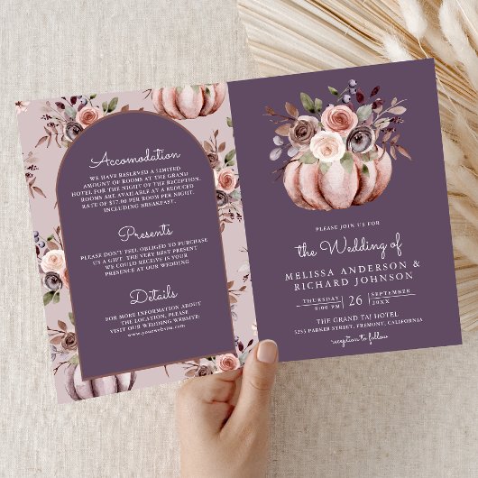 Neutral Pumpkin Floral QR Code Pale Purple Wedding 招待状