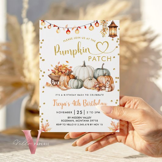 Neutral Pumpkin Patch Gold Glitter Birthday  招待状