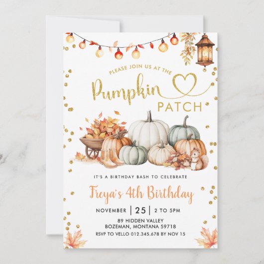 Neutral Pumpkin Patch Gold Glitter Birthday  招待状 (正面)