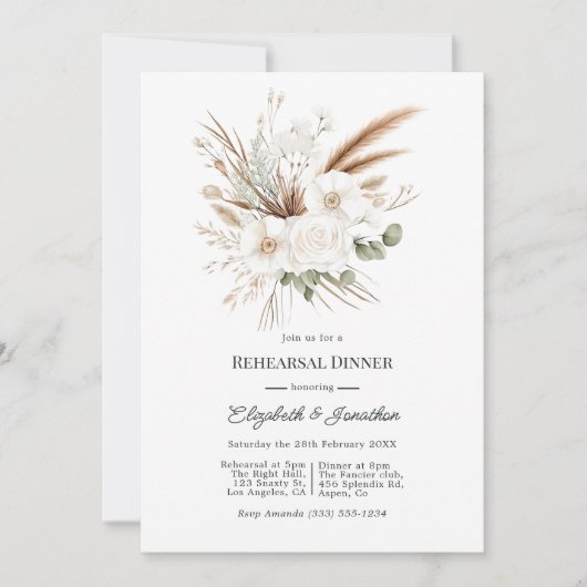 Neutral Rustic Boho Pampas Grass Rehearsal Dinner 招待状 (正面)