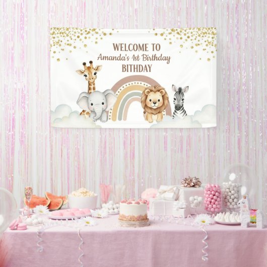 Neutral Safari Animals 1st Birthday Welcome Banner 横断幕 (パーティー)