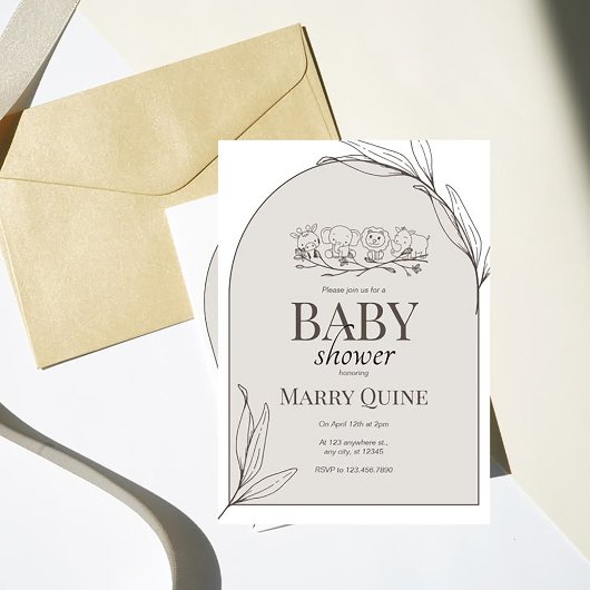 Neutral Safari Baby Shower Invitation, Minimal Bab 招待状