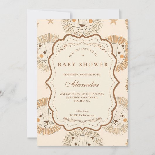 Neutral Safari Lion Baby Shower 招待状 (正面)