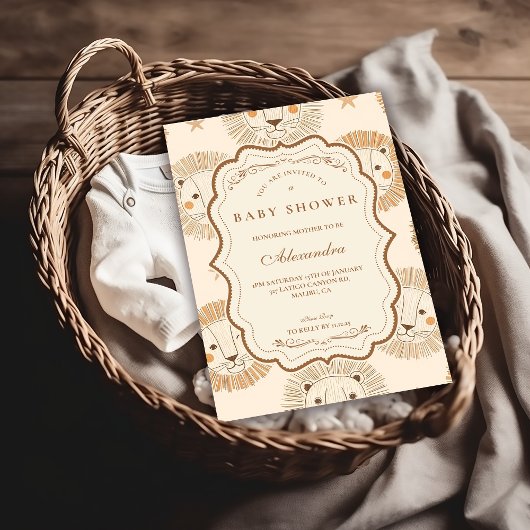 Neutral Safari Lion Baby Shower 招待状