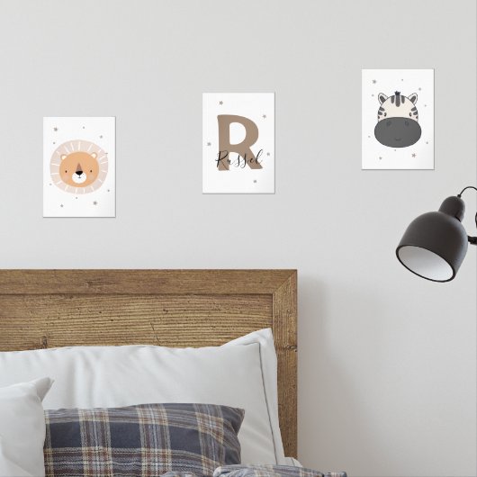 Neutral Safari Nursery Wall Art Set Lion Zebra (寝室)