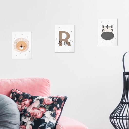 Neutral Safari Nursery Wall Art Set Lion Zebra (リビング)