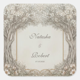 Neutral Sepia Engraved Woodland Tree Arch Wedding スクエアシール