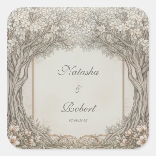 Neutral Sepia Engraved Woodland Tree Arch Wedding スクエアシール (正面)