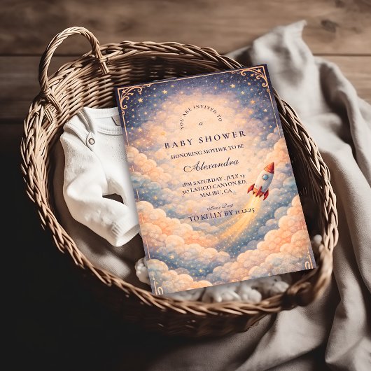 Neutral Space Rocket Stars Baby Shower 招待状