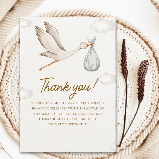 Neutral Stork Baby Shower – Gender Neutral Design サンキューカード