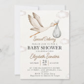 Neutral Stork Baby Shower – Sky with White Stork 招待状 (正面)