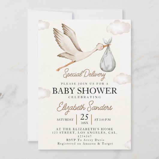 Neutral Stork Baby Shower – Sky with White Stork 招待状 (正面)