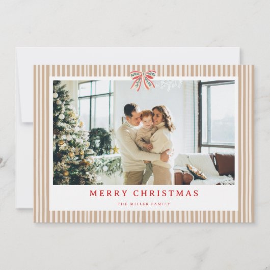 Neutral Stripe Bow Christmas Photo Holiday Card  シーズンカード (正面)