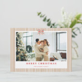 Neutral Stripe Bow Christmas Photo Holiday Card  シーズンカード (スタンド正面)